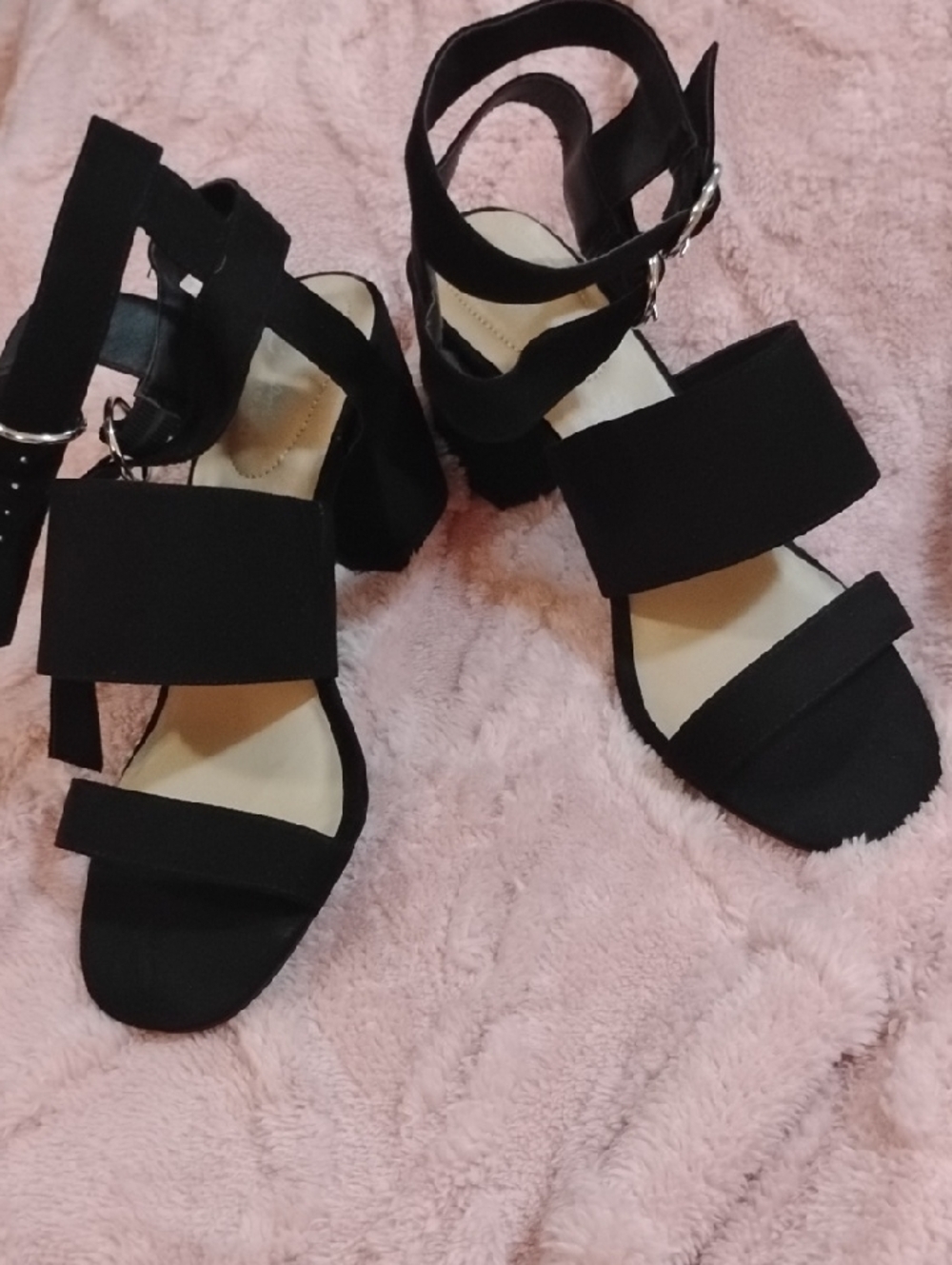Women's Black Strappy Block Heel Sandals with Buckle Ankle Strap